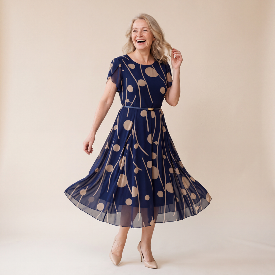 IVY | NAVY POLKA DOT PRINT CHIFFON MIDI DRESS