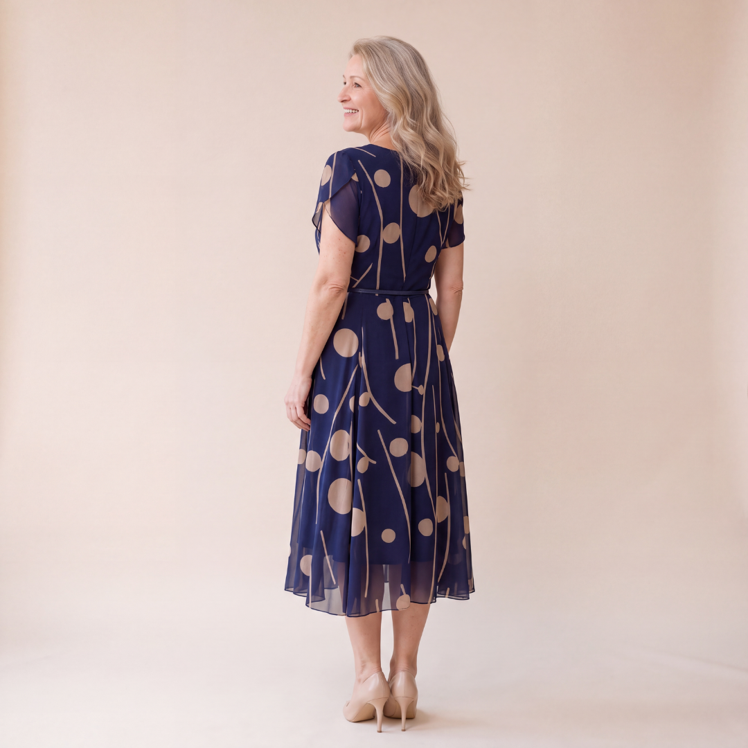 IVY | NAVY POLKA DOT PRINT CHIFFON MIDI DRESS