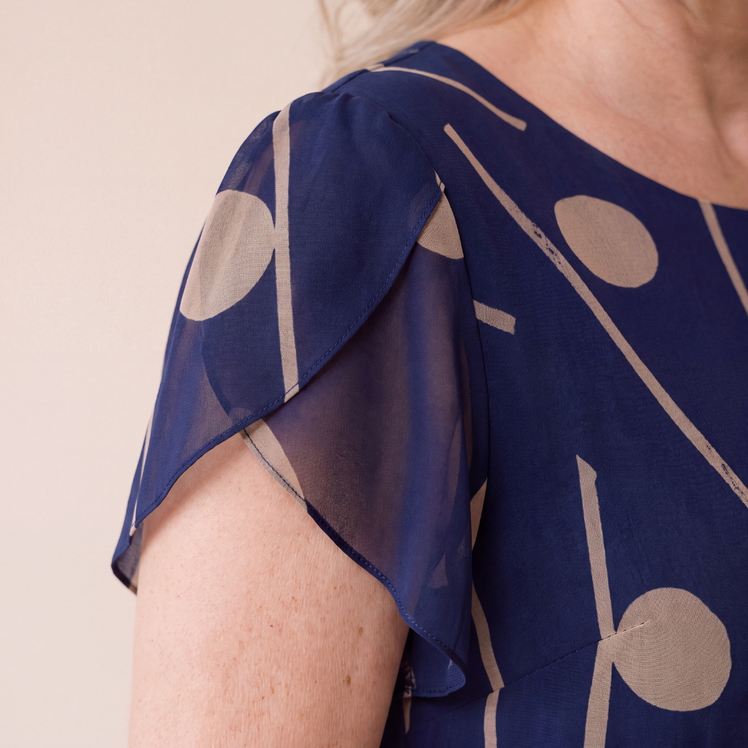 IVY | NAVY POLKA DOT PRINT CHIFFON MIDI DRESS