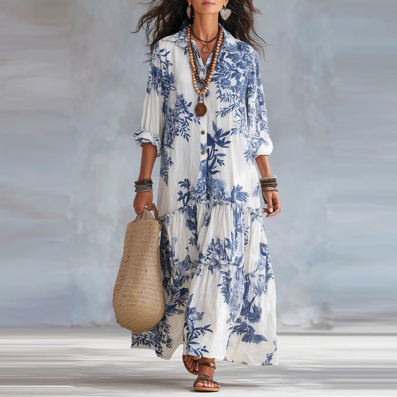 Dahlia™ | Bohemian Blue Floral Button-Down Tiered Maxi Dress