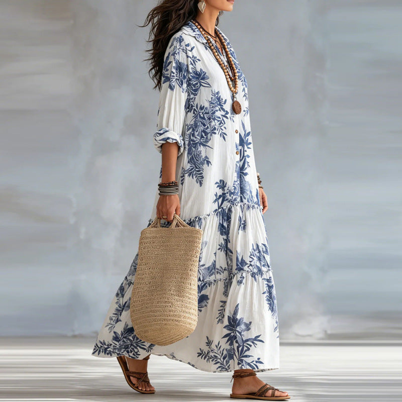 Dahlia™ | Bohemian Blue Floral Button-Down Tiered Maxi Dress